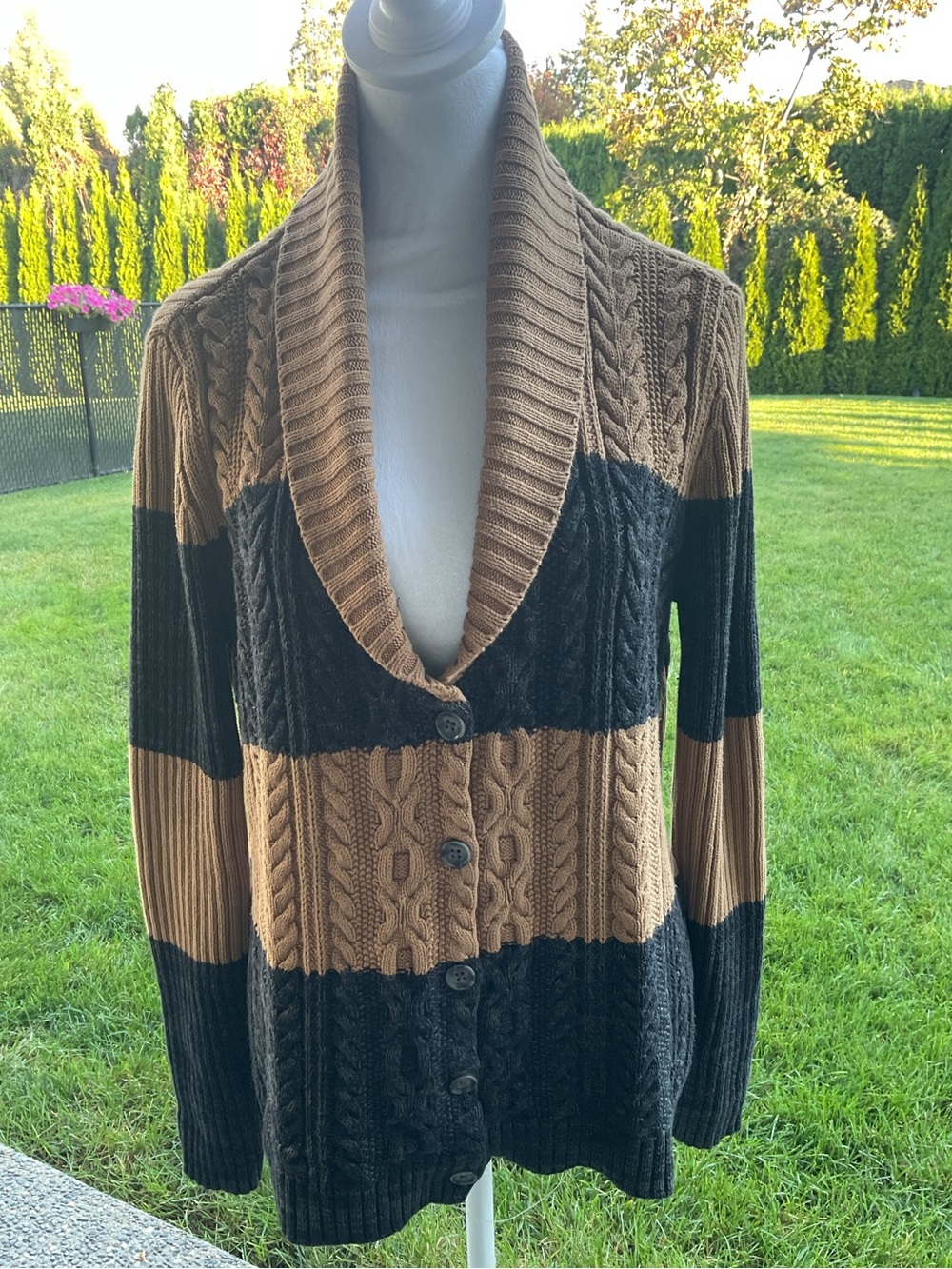 *Van Heusen *Chunky Striped Shawl-Collar Cardigan in Camel and  Gray melange